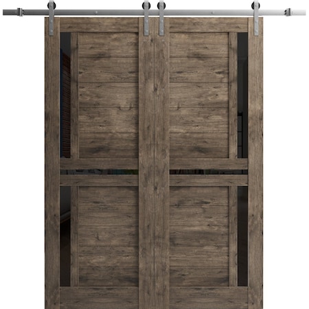 Sartodoors Sturdy Dbl Barn Door 56 x 96in W/, Cognac Oak W/ Black Glass, SS 13FT Rail Hangers Heavy Set VEREGIO7588DB-S-AKA-5696